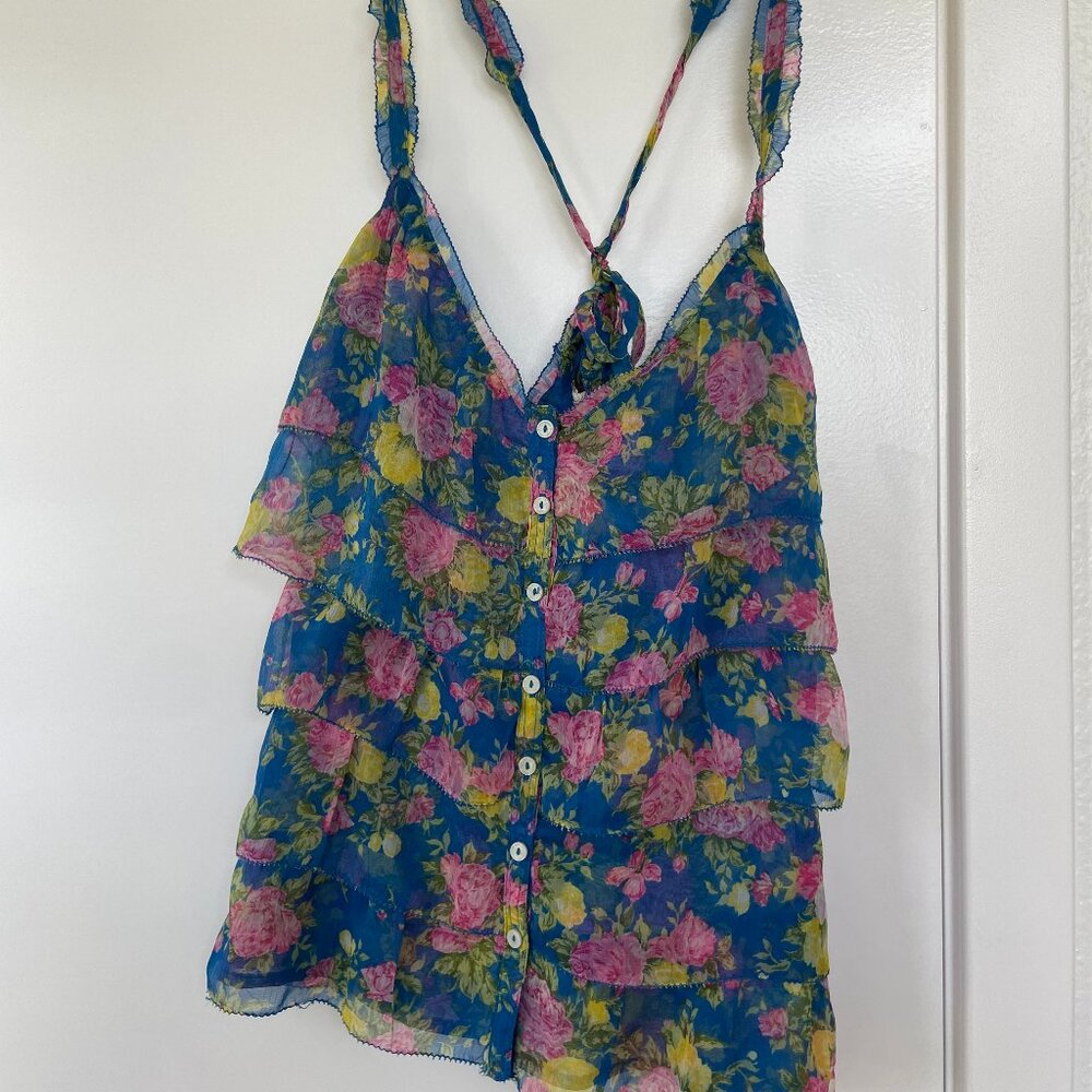 Abercrombie & Fitch Sheer Floral Ruffle Tank Top, Front Buttons, Blue, Pink,‎ S